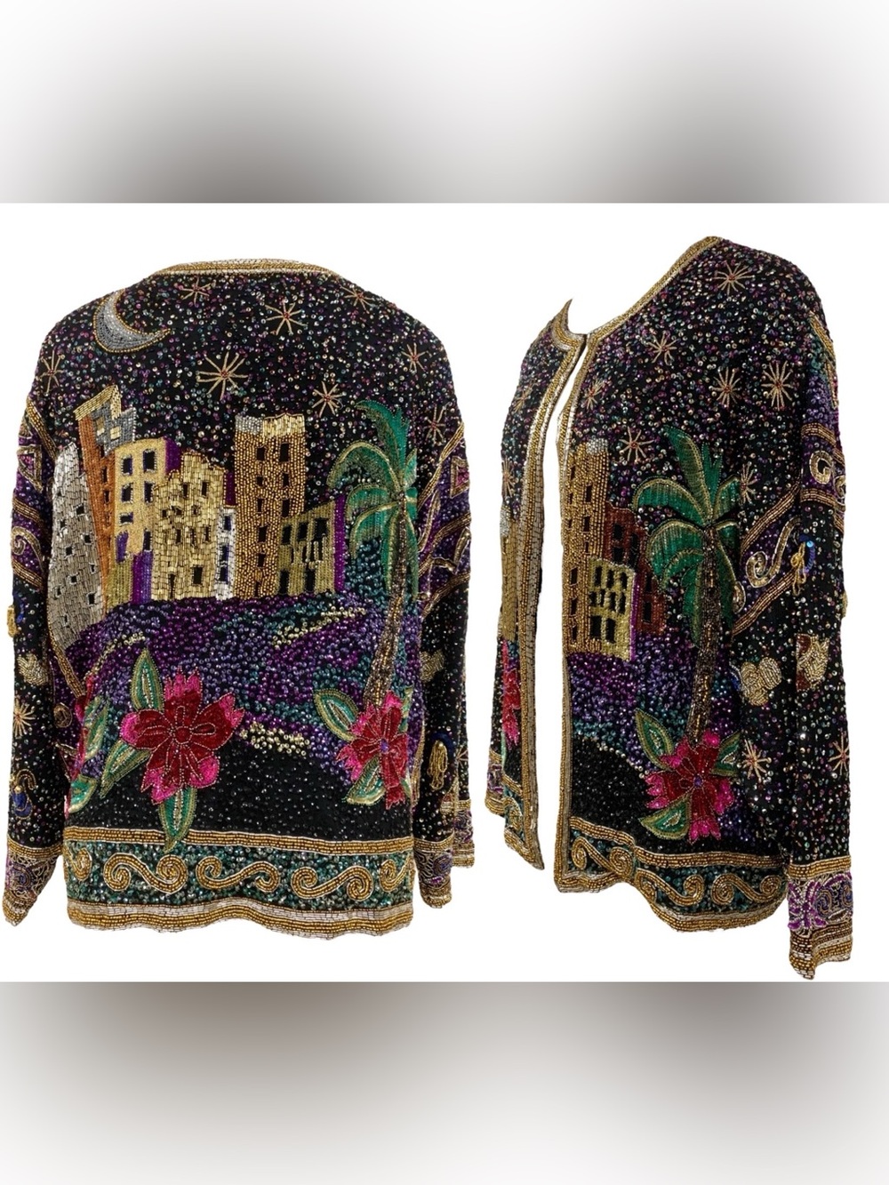 Vtg Vintage 1980s 80s Glam Sequin Arabian Desert Night
Scene Black Beaded Jacket